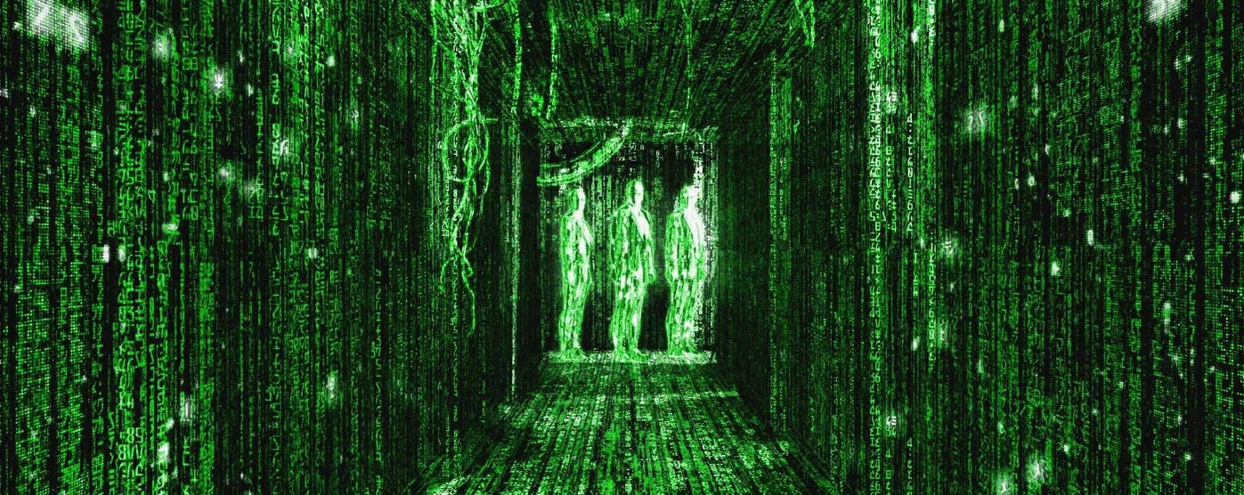 Scene from the finale of The Matrix, in which Neo sees the world in neon green computer code against black, with 3 "Agents" at the end of a long hallway staring him down Scene from the finale of The Matrix, in which Neo sees the world in neon green computer code against black, with 3 "Agents" at the end of a long hallway staring him down