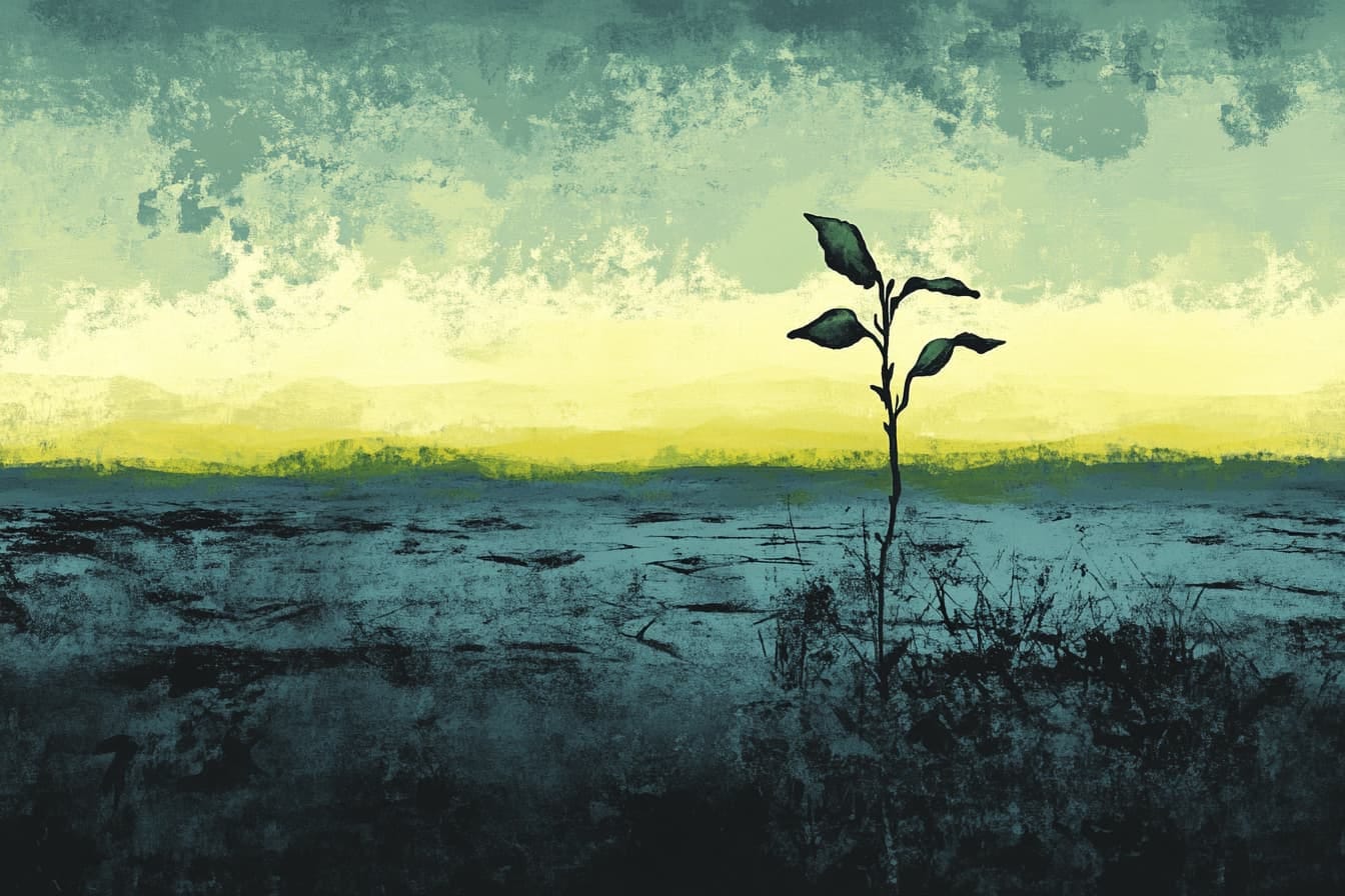 graphic novel illustration of a single plant growing in an otherwise barren field