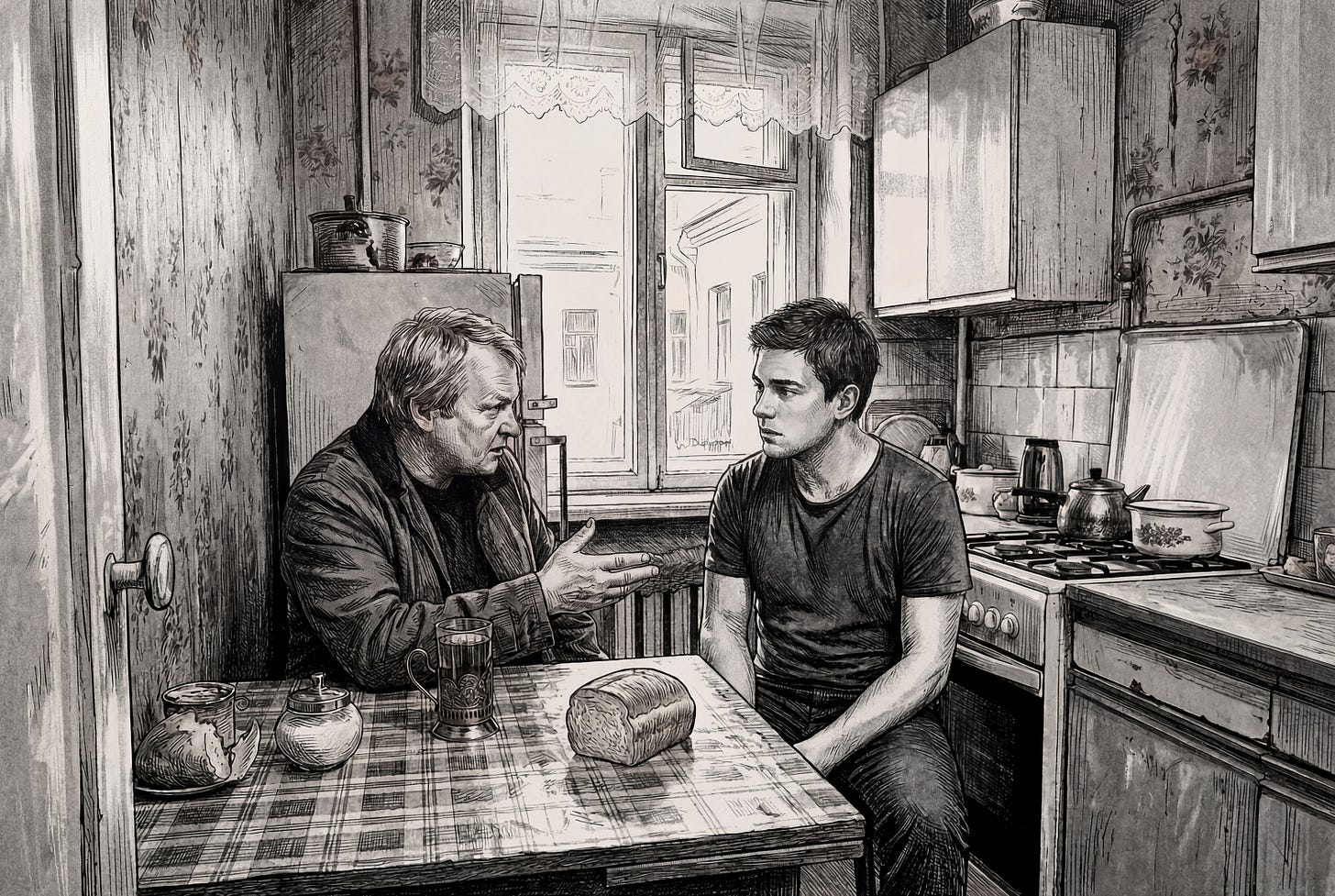 Two men sit at a small kitchen table with bread and tea, engaged in a serious conversation. The kitchen is old-fashioned, with a patterned tablecloth, stove, and fridge, and light streaming in through the window behind them.