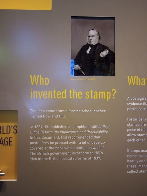 Left: Stamp featuring head of Queen Victoria, Middle, display with enlarged Penny Black Stamp, portrait of Rowland Hill and text Right, photo of Rowland Hill and text