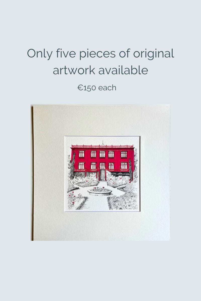 image: photo of a line art featuring the Botanical Garden of Porto, with the caption "only five pieces of original artwork available"