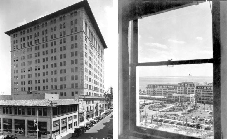 Ingraham Building in 1927 (left), and the view out a window with a view of the Royal Palm Hotel, also in 1927. Courtesy of Florida State Archives. Ingraham Building in 1927 (left), and the view out a window with a view of the Royal Palm Hotel, also in 1927. Courtesy of Florida State Archives.