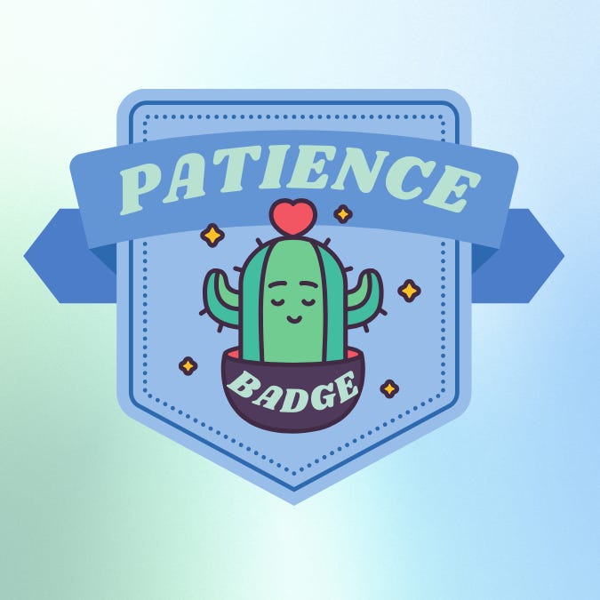 Patience badge with a cactus meditating.