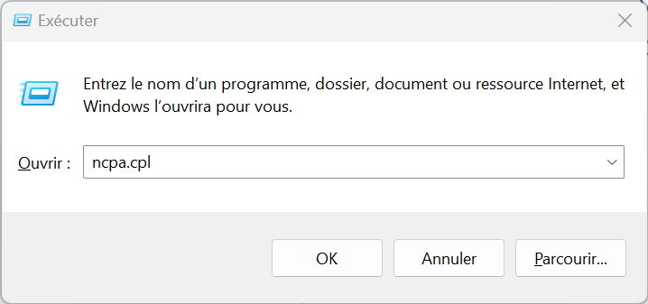 Commande exécuter Windows avec écris "ncpa.cpl" Commande exécuter Windows avec écris "ncpa.cpl"