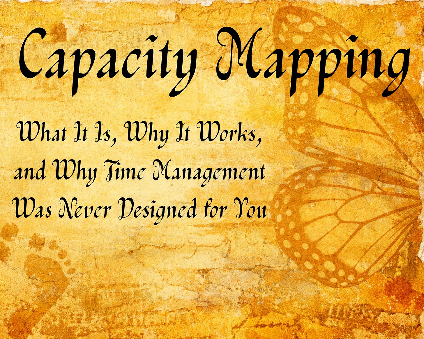 A warm amber and gold textured background with a monarch butterfly wing visible on the right, overlaid with calligraphy text reading "Capacity Mapping: What It Is, Why It Works, and Why Time Management Was Never Designed for You," the header image for the Wednesday newsletter on creative capacity mapping.