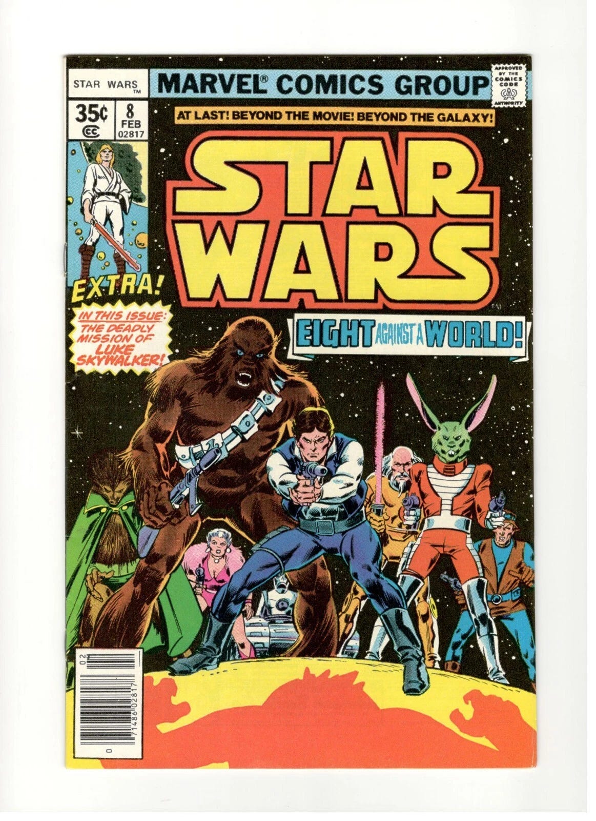 Star Wars #8 comic cover with large white title, Jaxxon and Luke, and Marvel Comics Group logo. Star Wars #8 comic cover with large white title, Jaxxon and Luke, and Marvel Comics Group logo.