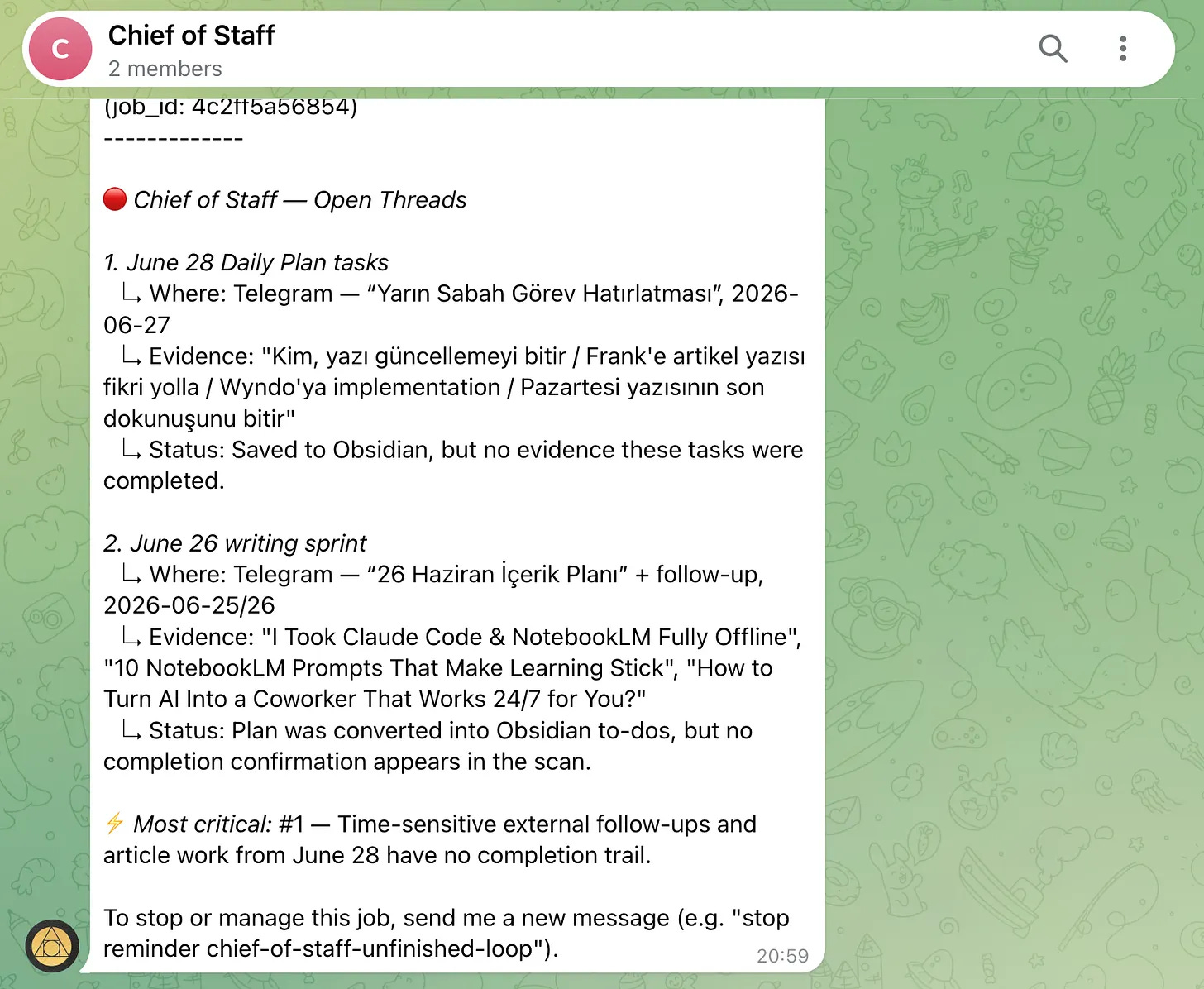 Hermes Chief of Staff agent running on Gemma inside Telegram, reporting unfinished tasks Hermes Chief of Staff agent running on Gemma inside Telegram, reporting unfinished tasks