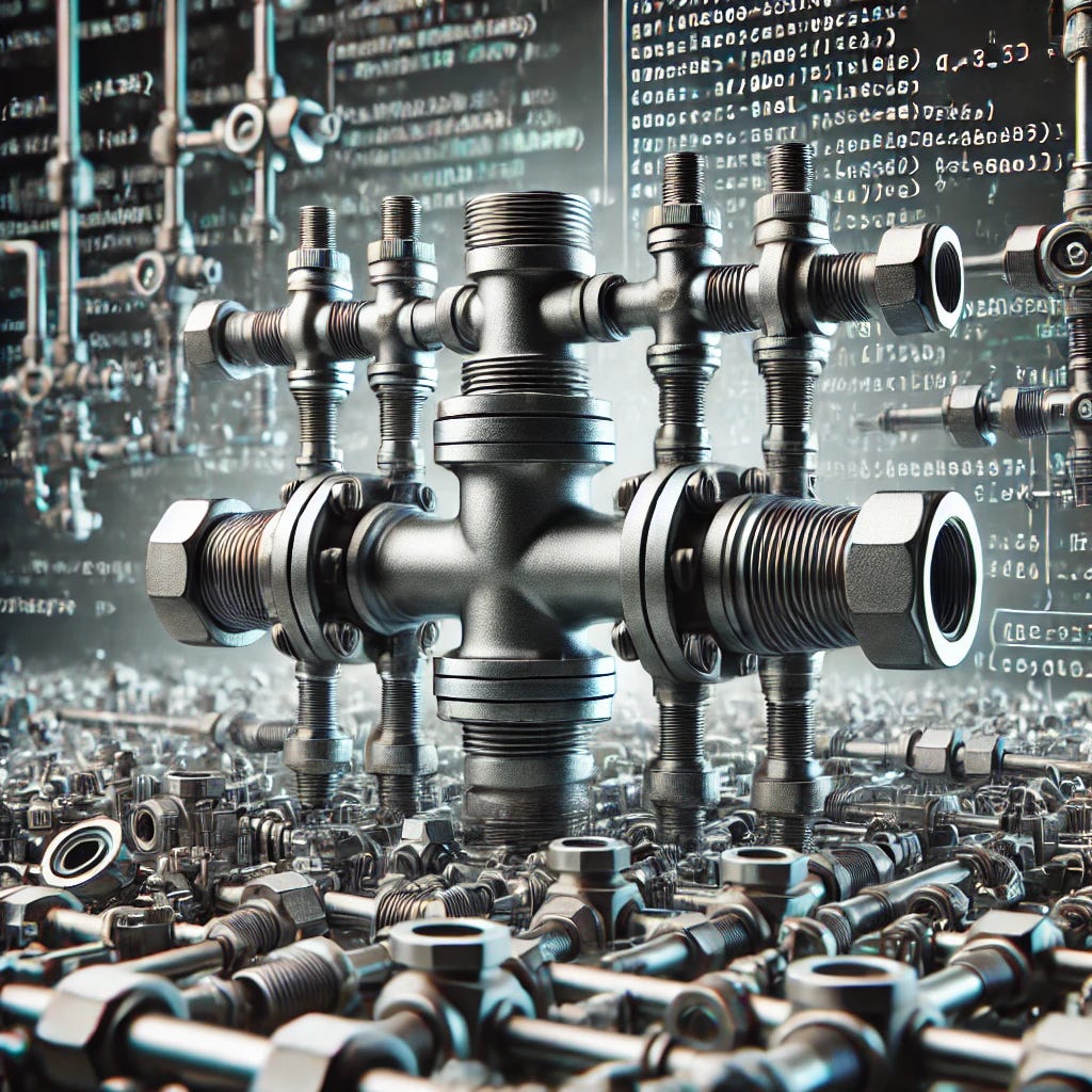 A highly detailed and realistic image of interconnected plumbing pipes with various joints, bolts, and connections. The background should feature blurred, indecipherable programming code to create a contrast between the physical and digital elements. Emphasize the complexity and interconnectivity of the pipes, showing different angles and perspectives.