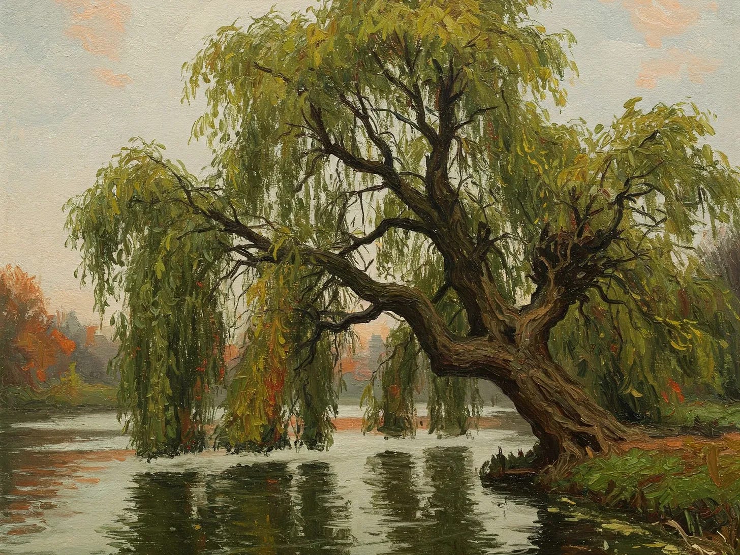 A willow tree bending over a riverbed. Generated with Google Gemini.