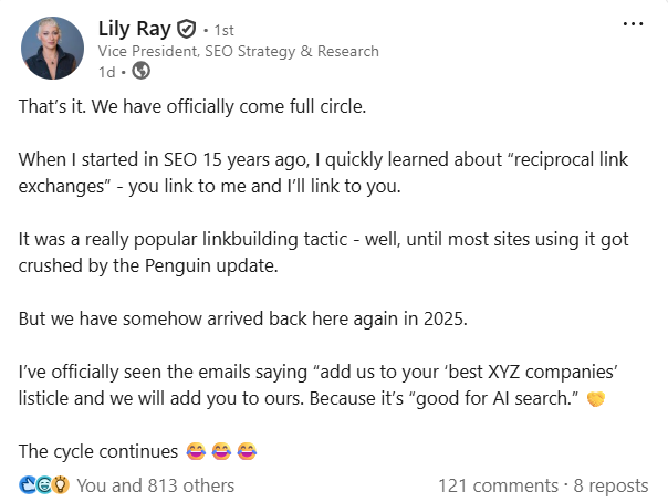 Lily Ray Linkedin post about reciprocal link exchanges making a comeback Lily Ray Linkedin post about reciprocal link exchanges making a comeback