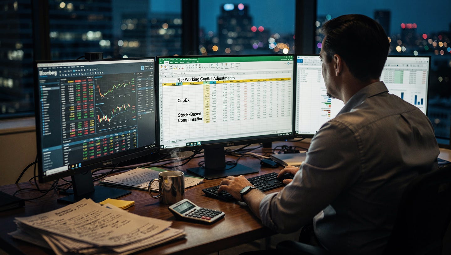 A candid, realistic photograph of a dedicated financial analyst working late night in a modern, dimly lit office. The analyst, a professional in their late 30s with rolled-up sleeves, sits at a large wooden desk, intensely focused on a setup of three large monitors. The central monitor displays a complex Excel spreadsheet with highlighted rows showing "Net Working Capital Adjustments," "CapEx," and "Stock-Based Compensation." Another screen shows a Bloomberg terminal interface with financial charts. A half-empty coffee mug, a calculator, and stacks of printed financial reports with handwritten notes are scattered on the desk. In the background, through a large window, blurred city skyline lights are visible at dusk. The photographic style is documentary, grainy, using natural light emanating from the screens, with a shallow depth of field focusing on the analyst's hands and the central screen. A candid, realistic photograph of a dedicated financial analyst working late night in a modern, dimly lit office. The analyst, a professional in their late 30s with rolled-up sleeves, sits at a large wooden desk, intensely focused on a setup of three large monitors. The central monitor displays a complex Excel spreadsheet with highlighted rows showing "Net Working Capital Adjustments," "CapEx," and "Stock-Based Compensation." Another screen shows a Bloomberg terminal interface with financial charts. A half-empty coffee mug, a calculator, and stacks of printed financial reports with handwritten notes are scattered on the desk. In the background, through a large window, blurred city skyline lights are visible at dusk. The photographic style is documentary, grainy, using natural light emanating from the screens, with a shallow depth of field focusing on the analyst's hands and the central screen.