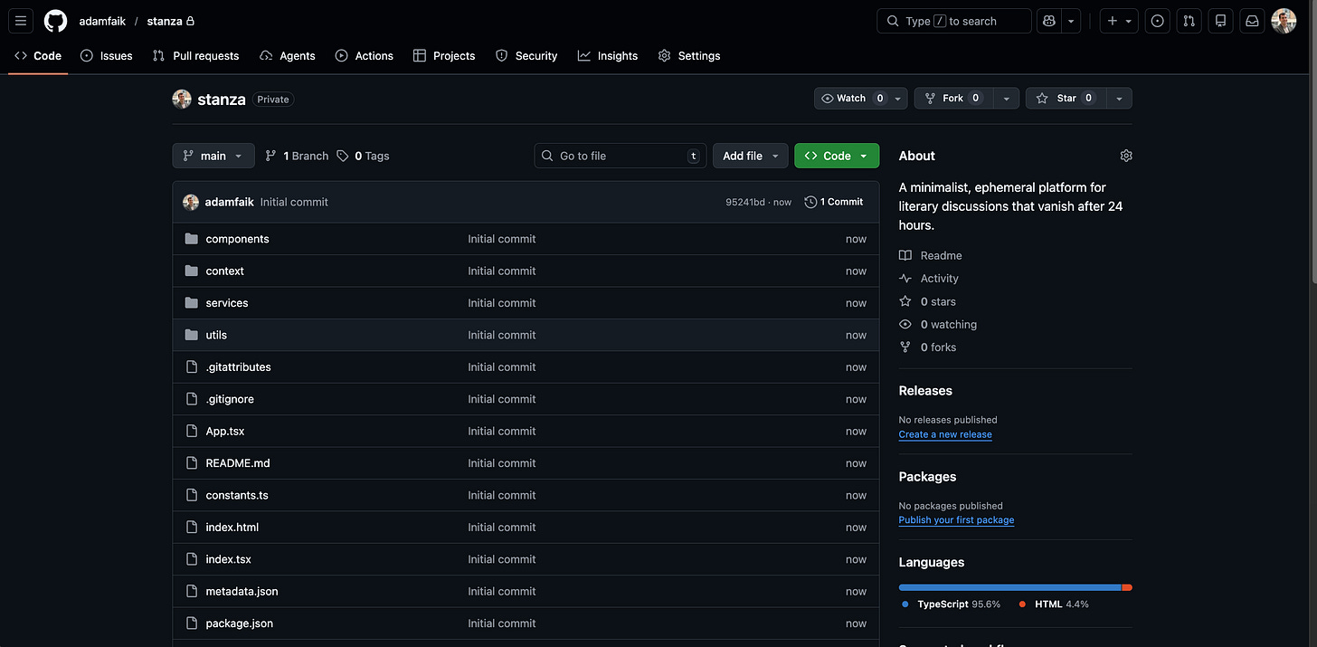 The GitHub web interface shows the stanza repository containing the initial commit files and folders. The GitHub web interface shows the stanza repository containing the initial commit files and folders.
