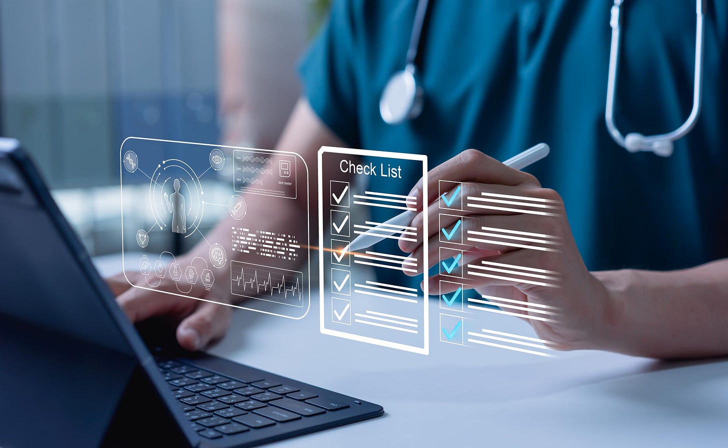 Doctor using medical checklist for quality healthcare management, patient safety, clinical assessment, health service standards and hospital quality control concept.
