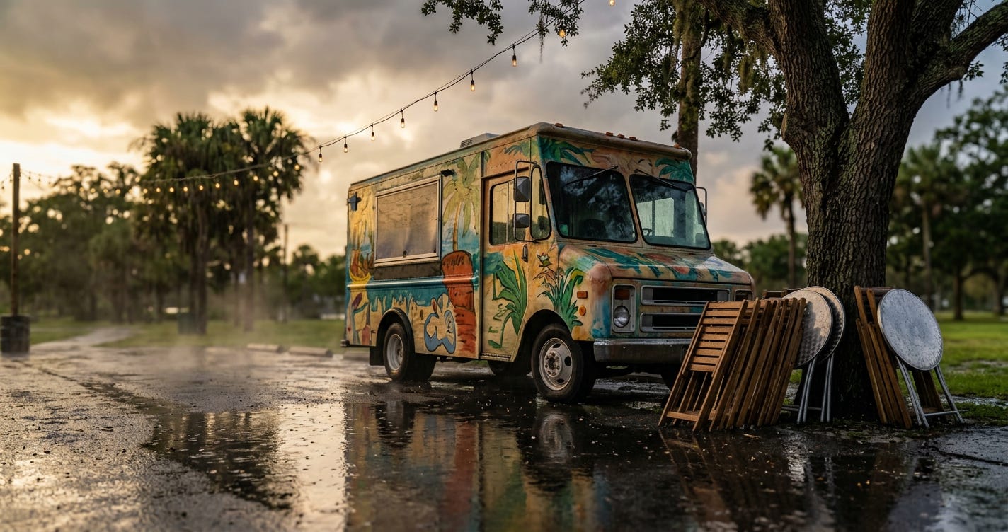 Food truck at Palm Bay City Hall with dark storm clouds overhead, representing the weather cancellation of the Treats, Beats and Eats festival. Food truck at Palm Bay City Hall with dark storm clouds overhead, representing the weather cancellation of the Treats, Beats and Eats festival.