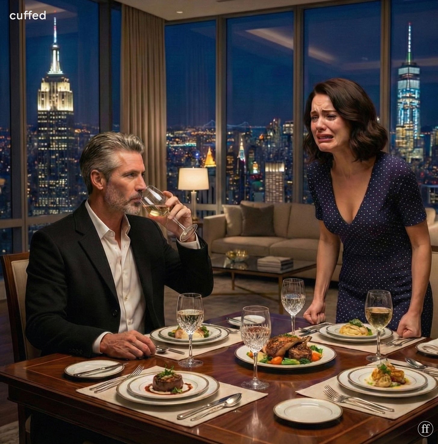 a woman stands at a dinner table late at night, visibly distressed but trying to hold herself together, while a calm man sits across from her sipping wine. the room is evenly lit, unromantic, and exposed. food untouched. the emotional imbalance is quiet, familiar, and unsettling. a woman stands at a dinner table late at night, visibly distressed but trying to hold herself together, while a calm man sits across from her sipping wine. the room is evenly lit, unromantic, and exposed. food untouched. the emotional imbalance is quiet, familiar, and unsettling.