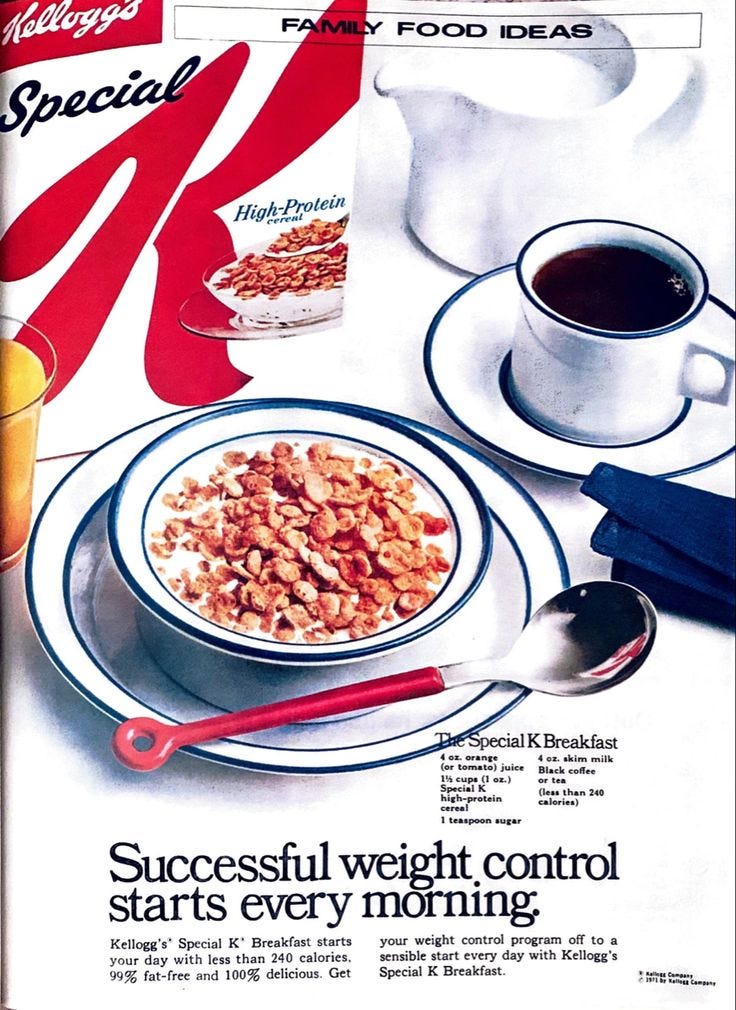 This may contain: an advertisement for breakfast cereal with coffee and fruit on the side, including orange juice