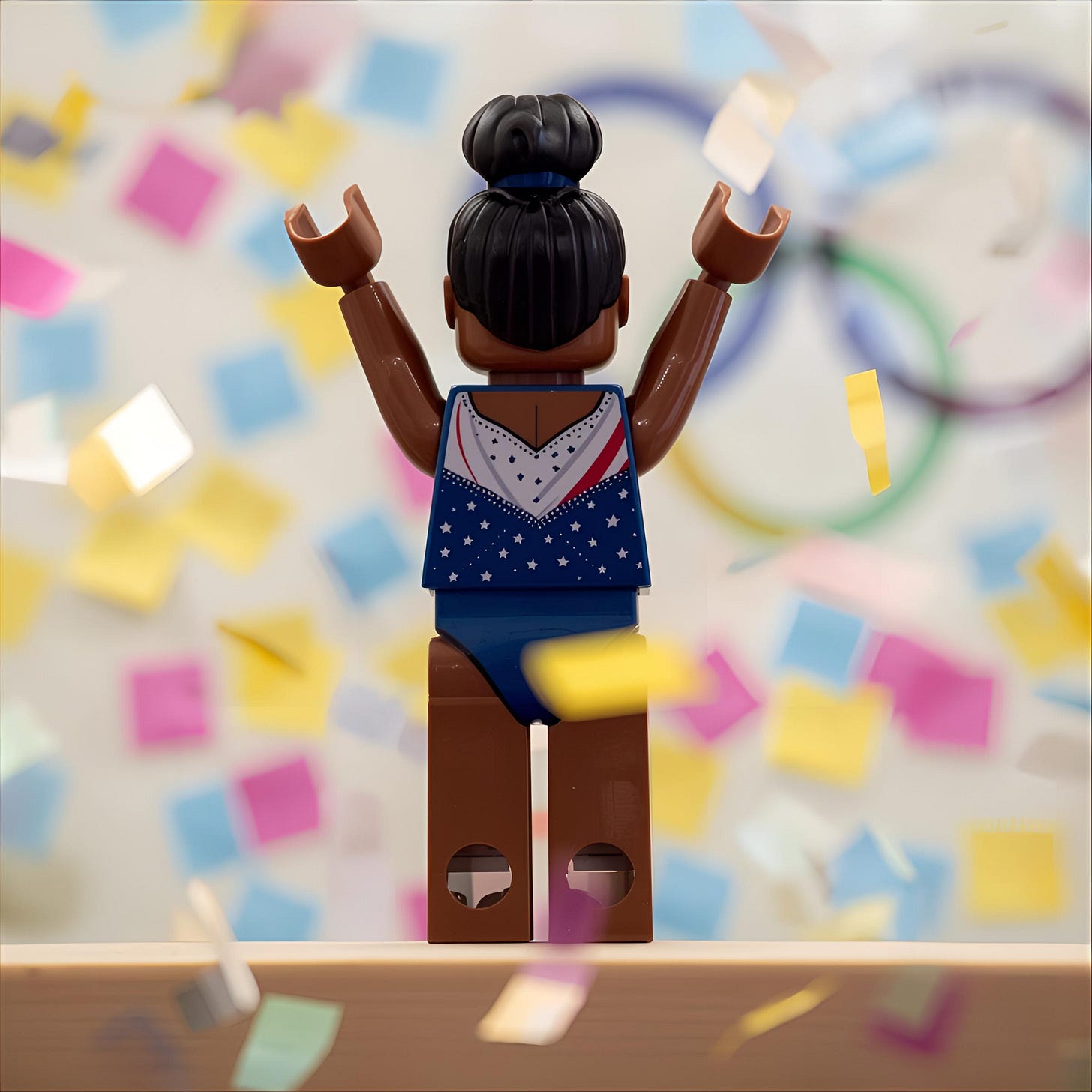 LEGO Simone Biles wins the facilitation olympics and is rained on with postit confetti. Looking away from camera. 
