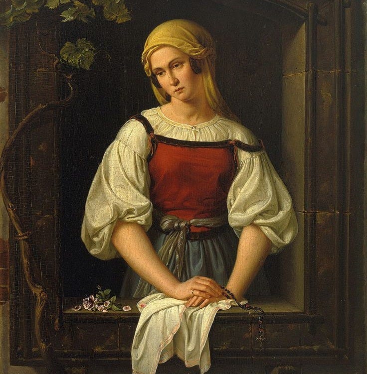 This may contain: a painting of a woman sitting on a window sill with her hands in her pockets