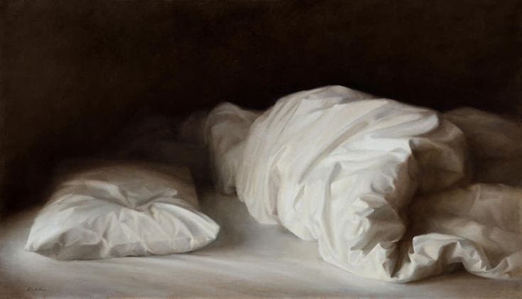 This may contain: a painting of white sheets and pillows on a brown background with light coming in from the window