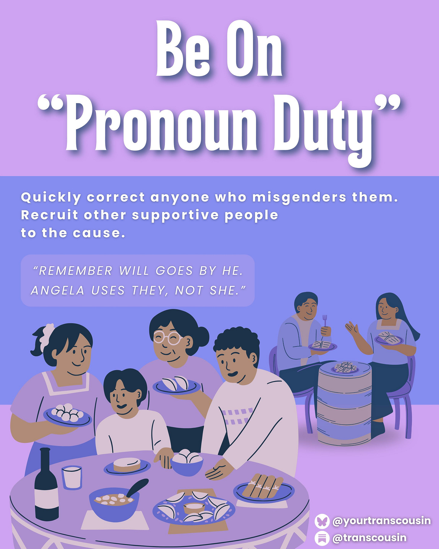 Tip: Be on pronoun duty. quickly correct anyone who misgenders them. recruit other supportive people to the cause. Script: "remember Will goes by he. Angela uses they, not she."