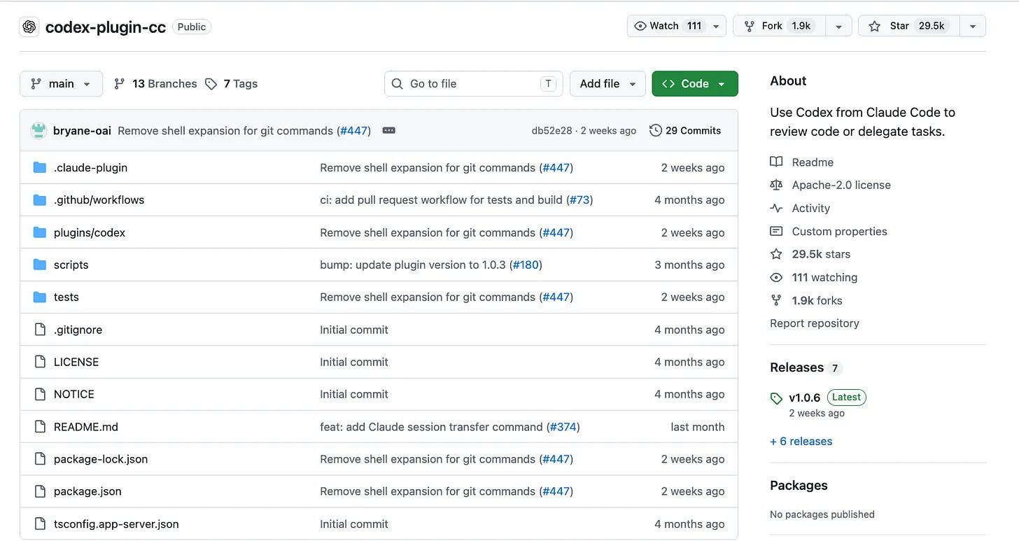Codex plugin for Claude Code on GitHub with 29.5k stars Codex plugin for Claude Code on GitHub with 29.5k stars
