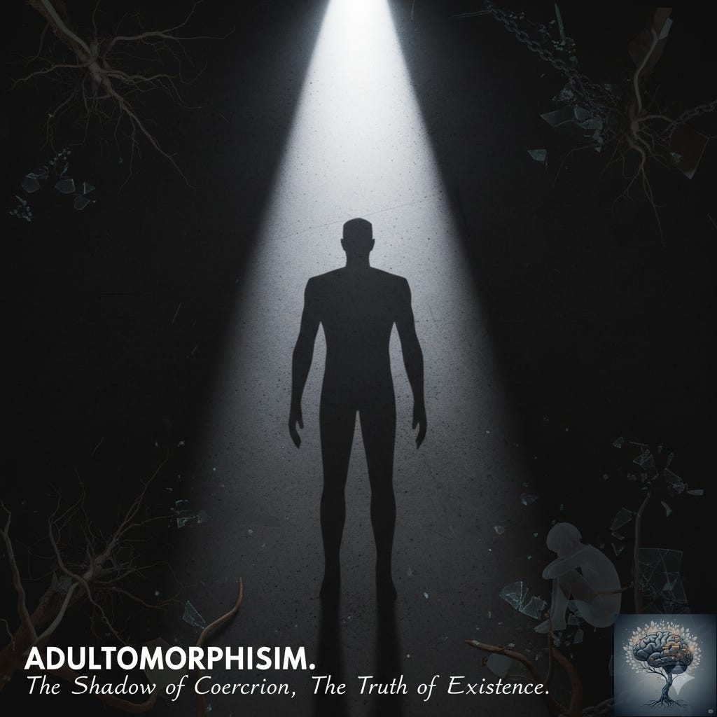 Dark image. A spotlight illuminates a stark silhouette of a person standing. Around them, in deep shadow, are scattered roots, broken glass, and a faint, curled human figure.