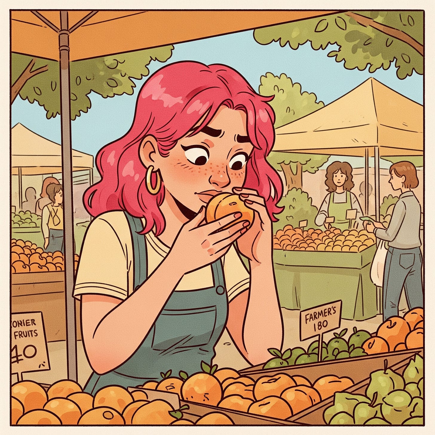 A lady smelling a fruit at a fruit stand in a Farmer's market