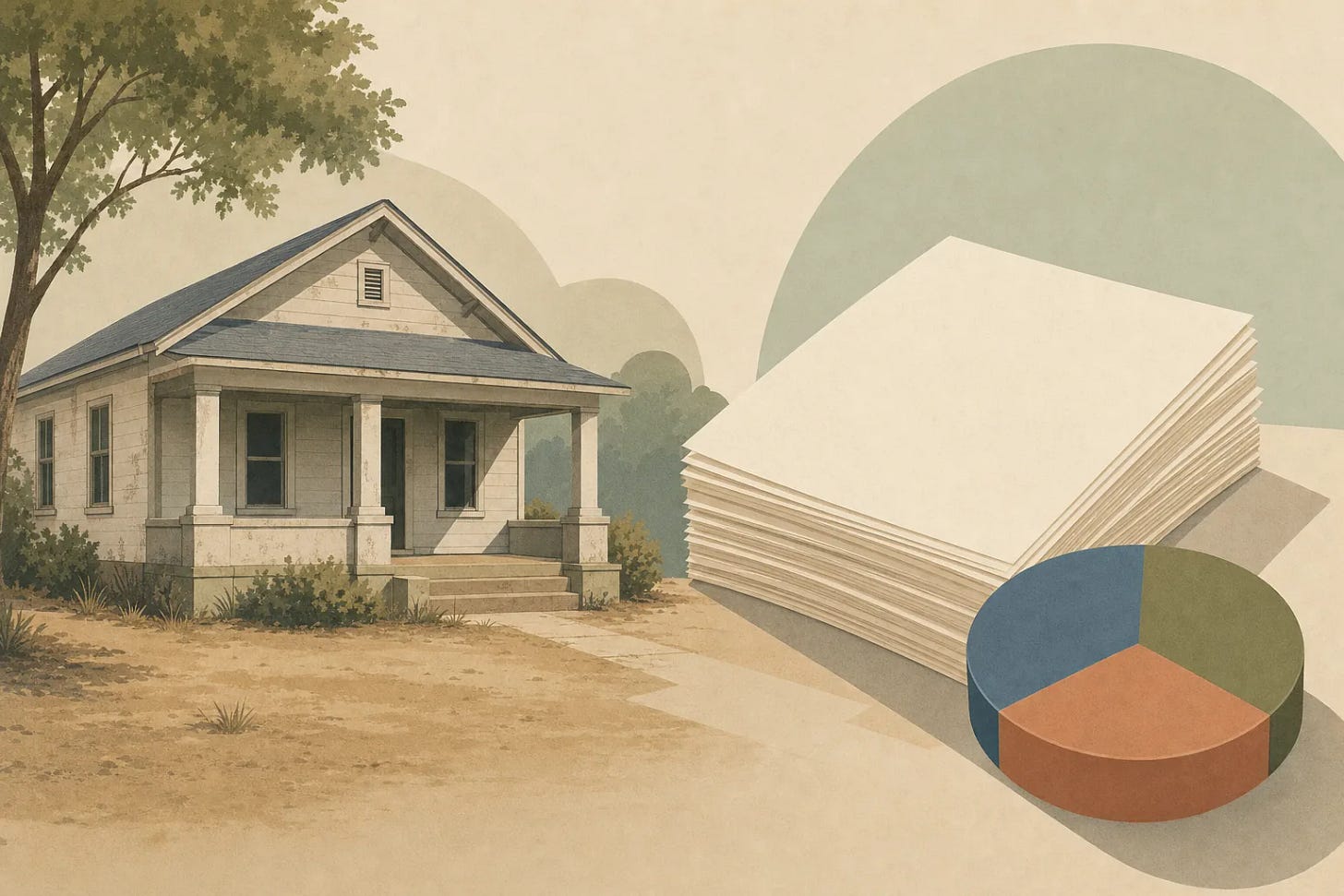 A flat illustration of a modest older house beside a large stack of plain paper and a pie shape divided into three wedges
