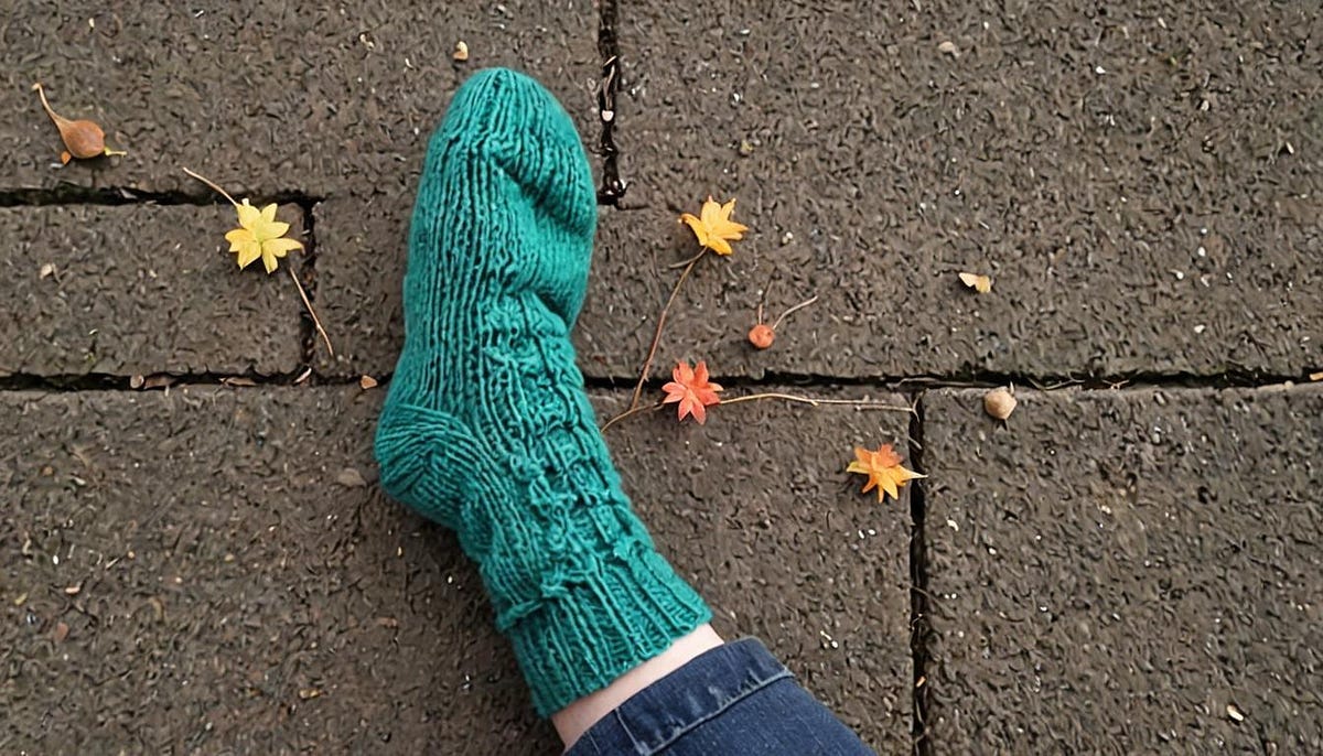 a foot with a green woolen sock a foot with a green woolen sock