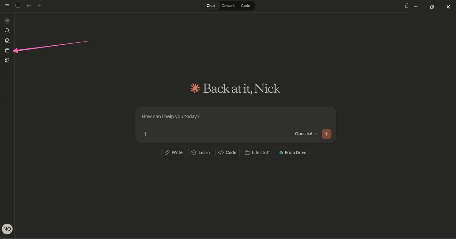 Screenshot of Claude interface showing the left sidebar with an arrow pointing to the “Projects” icon, demonstrating how to access Claude Projects to enable persistent memory and context for AI workflows. Screenshot of Claude interface showing the left sidebar with an arrow pointing to the “Projects” icon, demonstrating how to access Claude Projects to enable persistent memory and context for AI workflows.