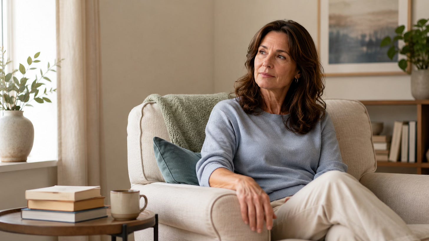 Reflective woman sitting in a calm reading nook after doing inner work but still feeling emotionally stuck.