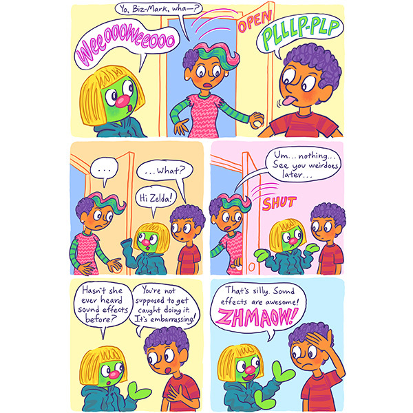 Mark’s mom enters the bedroom to see Mark, a boy with purple hair, and Zark, a green alien wearing a yellow wig, making sound effects. She’s confused, and then leaves. Zark wonders if she’s never heard a sound effect before, and Mark tells him again that it’s embarrassing to be caught making them. Zark doesn’t believe him!
