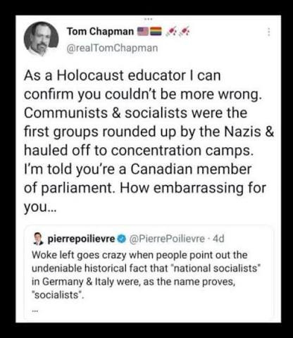 Tom Chapman @realTomChapman As a Holocaust educator I can confirm you couldn't be more wrong Communists & socialists were the first groups rounded up by the Nazis & hauled off to concentration Tom Chapman @realTomChapman As a Holocaust educator I can confirm you couldn't be more wrong Communists & socialists were the first groups rounded up by the Nazis & hauled off to concentration