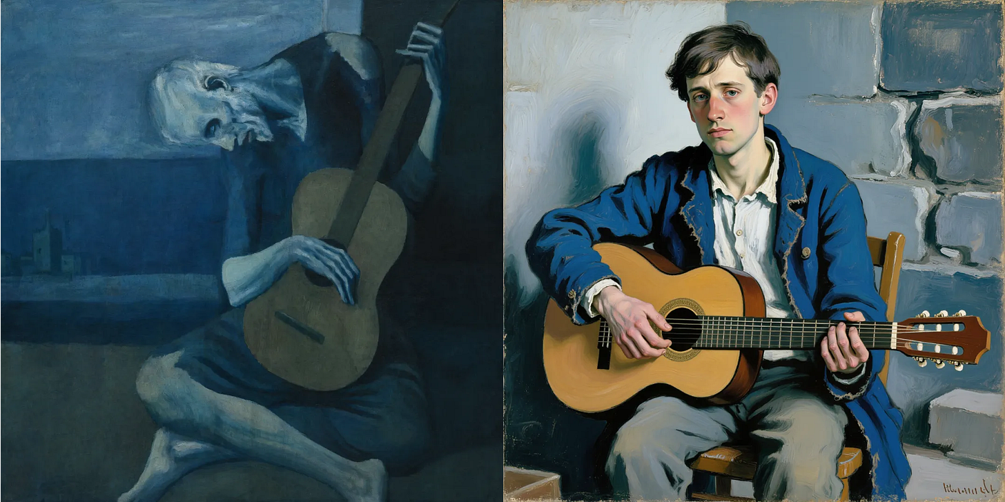 Prompt Example: Picasso Blue Period style street performers, dominated by cool tones, thin and melancholic figures, somber strokes, overall mood and form are unified. Prompt Example: Picasso Blue Period style street performers, dominated by cool tones, thin and melancholic figures, somber strokes, overall mood and form are unified.