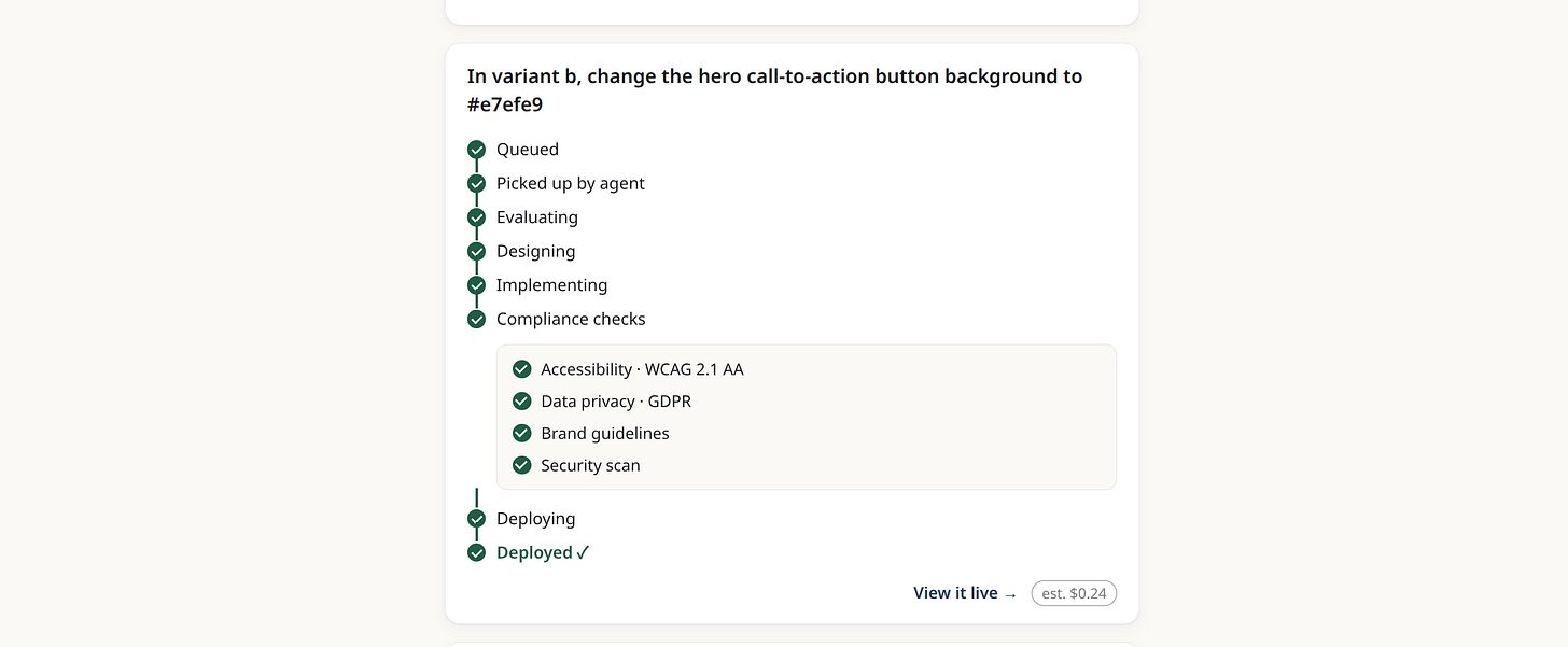 A deployed task: compliance sub-checks passed, live variant URL at the bottom A deployed task: compliance sub-checks passed, live variant URL at the bottom