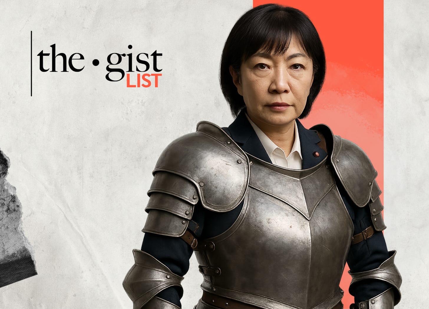 Japanese Prime Minister Sanae Takaichi in a suit of armor.