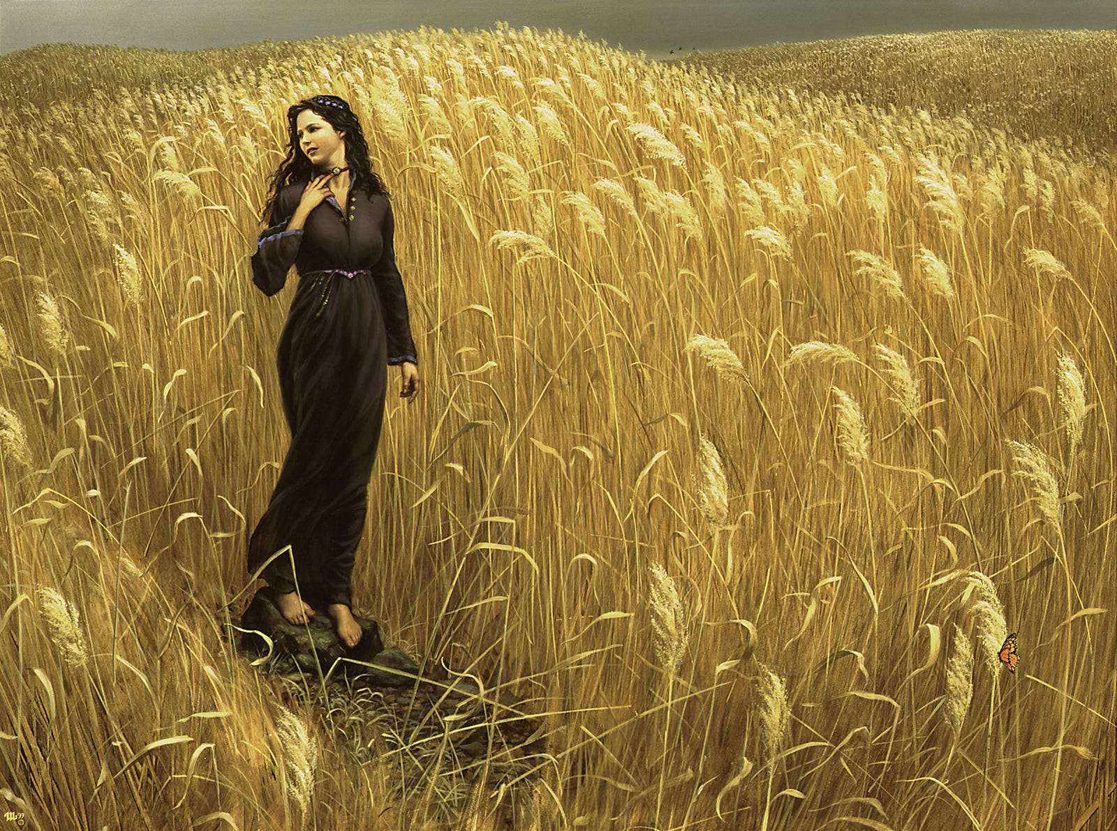 A barefoot woman in a long black dress stands on a rock in the middle of a golden field of wheat. The simple cut of her dress is accented with purple at the waist, cuffs and neck. Her face is framed by wavy dark hair as she tilts her head to the side. She reaches a hand to the "V" of her unbuttoned collar, simultaneously touching a broach, which is set in a plain black band around her neck. From the troubled set of her brow to her awkward foot position on the rock, her body language reads discomfort. A barefoot woman in a long black dress stands on a rock in the middle of a golden field of wheat. The simple cut of her dress is accented with purple at the waist, cuffs and neck. Her face is framed by wavy dark hair as she tilts her head to the side. She reaches a hand to the "V" of her unbuttoned collar, simultaneously touching a broach, which is set in a plain black band around her neck. From the troubled set of her brow to her awkward foot position on the rock, her body language reads discomfort.