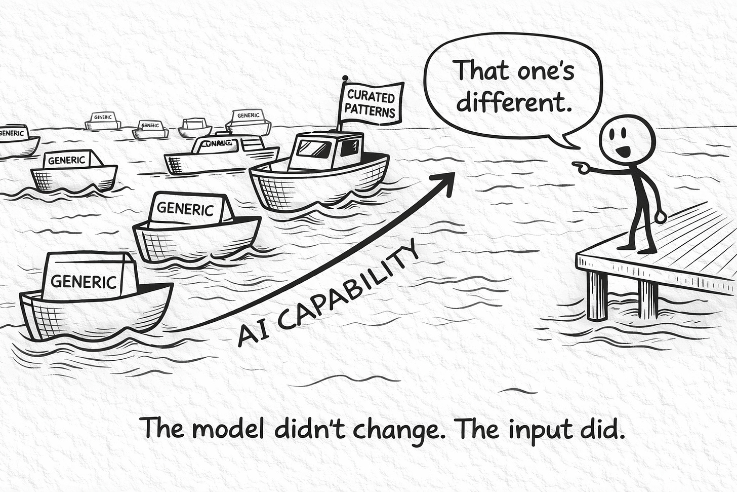 Black-and-white hand-drawn illustration of a harbor with a rising tide labeled 'AI Capability' lifting multiple boats. Nearly every boat is labeled 'Generic,' forming a crowded fleet of identical vessels stretching into the background. One boat near the front flies a flag reading 'Curated Patterns' and is visibly different from the rest. A stick figure standing on a dock points at it with a speech bubble saying 'That one's different.' Below the image, a caption reads 'The model didn't change. The input did.' Illustrating how as AI models improve, curated inputs become the only way to produce output that stands apart from increasingly polished generic content. Black-and-white hand-drawn illustration of a harbor with a rising tide labeled 'AI Capability' lifting multiple boats. Nearly every boat is labeled 'Generic,' forming a crowded fleet of identical vessels stretching into the background. One boat near the front flies a flag reading 'Curated Patterns' and is visibly different from the rest. A stick figure standing on a dock points at it with a speech bubble saying 'That one's different.' Below the image, a caption reads 'The model didn't change. The input did.' Illustrating how as AI models improve, curated inputs become the only way to produce output that stands apart from increasingly polished generic content.