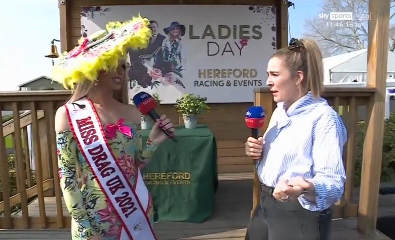 Drag Queen Boo La Croux at Hereford racecourse on Ladies Day, March 2022
