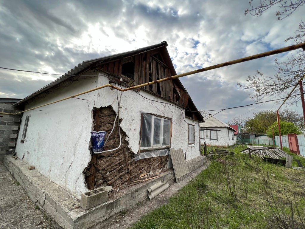The house of Russell "Texas" Bentley's neighbors in Kirovsk that was damaged by a "Hurricane" rocket / credit: Fergie Chambers The house of Russell "Texas" Bentley's neighbors in Kirovsk that was damaged by a "Hurricane" rocket / credit: Fergie Chambers
