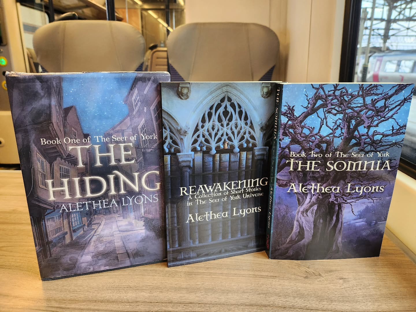 3 physical copies standing up together. 

The Hiding Cover Description:
The Shambles, York, at night with a starry sky overhead and mist on the street
Text: Book One of The Seer of York
The Hiding
Alethea Lyons

Reawakening Cover Description:
Artistic rendition of Gothic stone bookcases with old books and arched tops with ornamentation similar to a church. On the top of the bookcase is a thread spool. Overall colours are a misty blue.
Text: Reawakening
A collection of short stories in the Seer of York universe
Alethea Lyons

The Somnia Cover Description: 
Background: Light blue upper third with stars, darker, misty blues in lower two thirds with trees and the snowy hills of the Yorkshire Dales
Foreground: A gnarly wych elm with no leaves and a large hole in most of the trunk
Text: Book Two of The Seer of York
The Somnia
Alethea Lyons