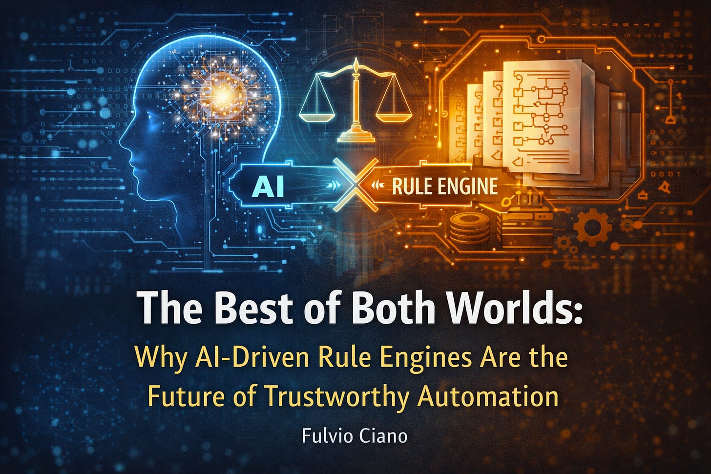 A split digital illustration shows a blue, glowing human head with a neural network brain on the left labelled “AI,” and an orange, circuit-like system with documents, gears, and logic diagrams on the right labelled “Rule Engine.” A scale of justice sits between them, symbolising balance. The headline reads: “The Best of Both Worlds: Why AI-Driven Rule Engines Are the Future of Trustworthy Automation” by Fulvio Ciano. A split digital illustration shows a blue, glowing human head with a neural network brain on the left labelled “AI,” and an orange, circuit-like system with documents, gears, and logic diagrams on the right labelled “Rule Engine.” A scale of justice sits between them, symbolising balance. The headline reads: “The Best of Both Worlds: Why AI-Driven Rule Engines Are the Future of Trustworthy Automation” by Fulvio Ciano.