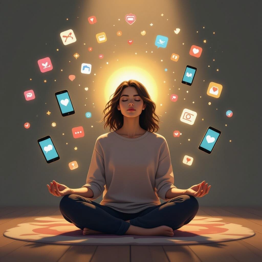 A minimalist illustration of a person sitting cross-legged in meditation pose, but instead of peaceful surroundings, the...