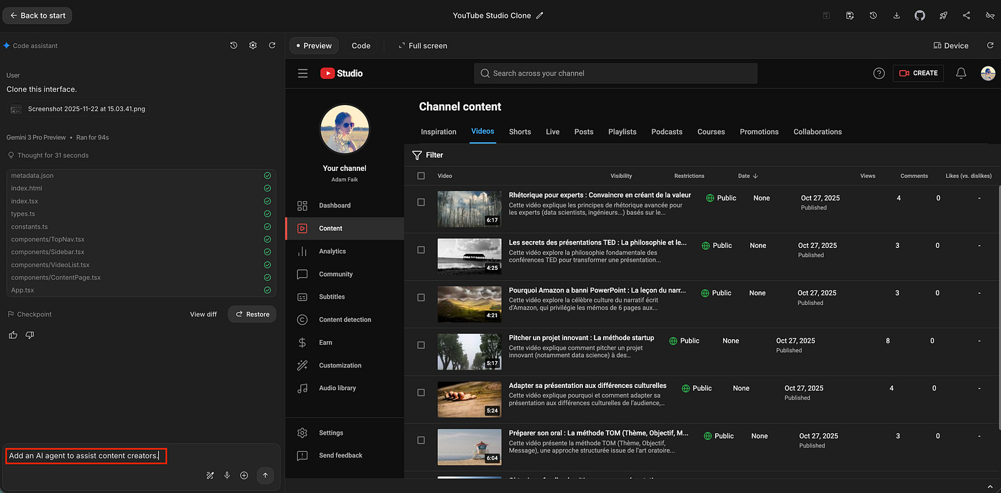 A screenshot focusing on the prompt input box where the user has typed ‘Add an AI agent to assist content creators’.