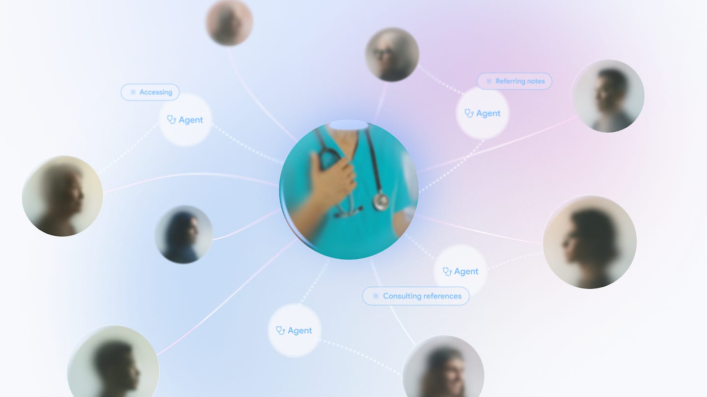  An abstract network diagram featuring a central image of a clinician in blue scrubs with a stethoscope, connected by lines to several blurred portraits of diverse people and icons labeled "Agent." Small text bubbles indicate AI functions like "Accessing," "Referring notes," and "Consulting references."