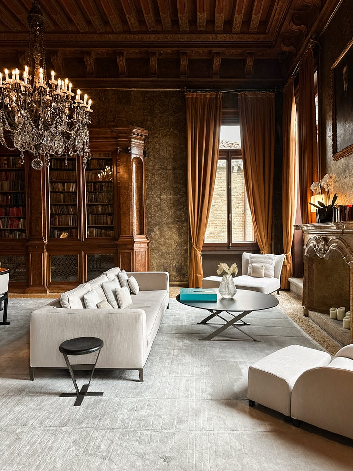 Aman Venice sits inside the 16th-century Palazzo Papadopoli on the Grand Canal—frescoed ceilings, gilded details, and one of the rare private gardens in the city. - Alyssa Rosenheck
