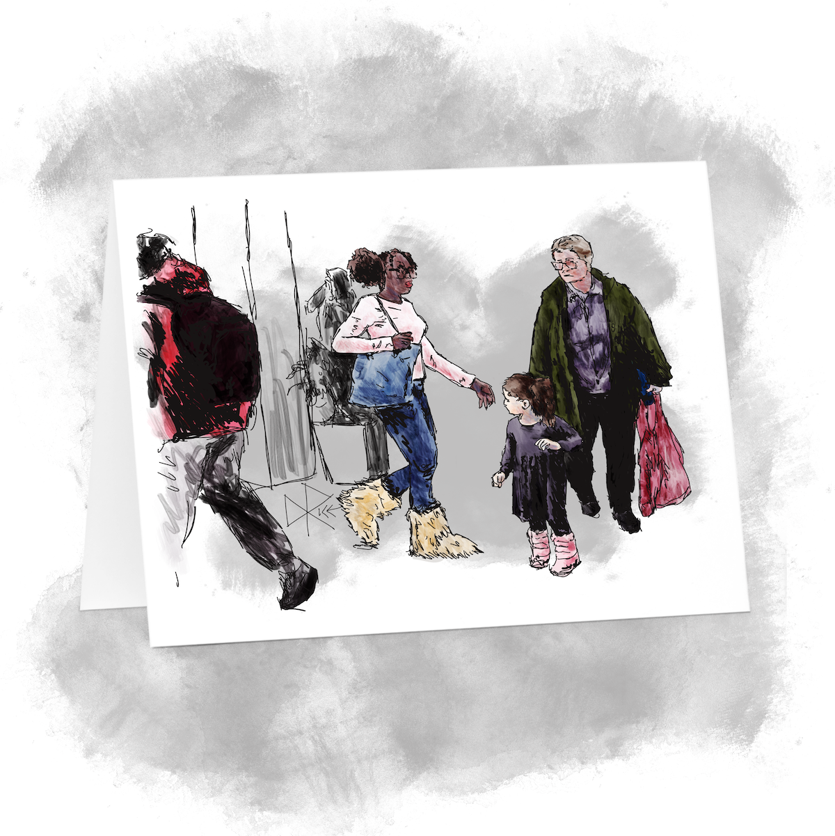 People walking through a mall, some finding others in their intended paths as they navigate an intersection point. Sketch art by Don Rice.