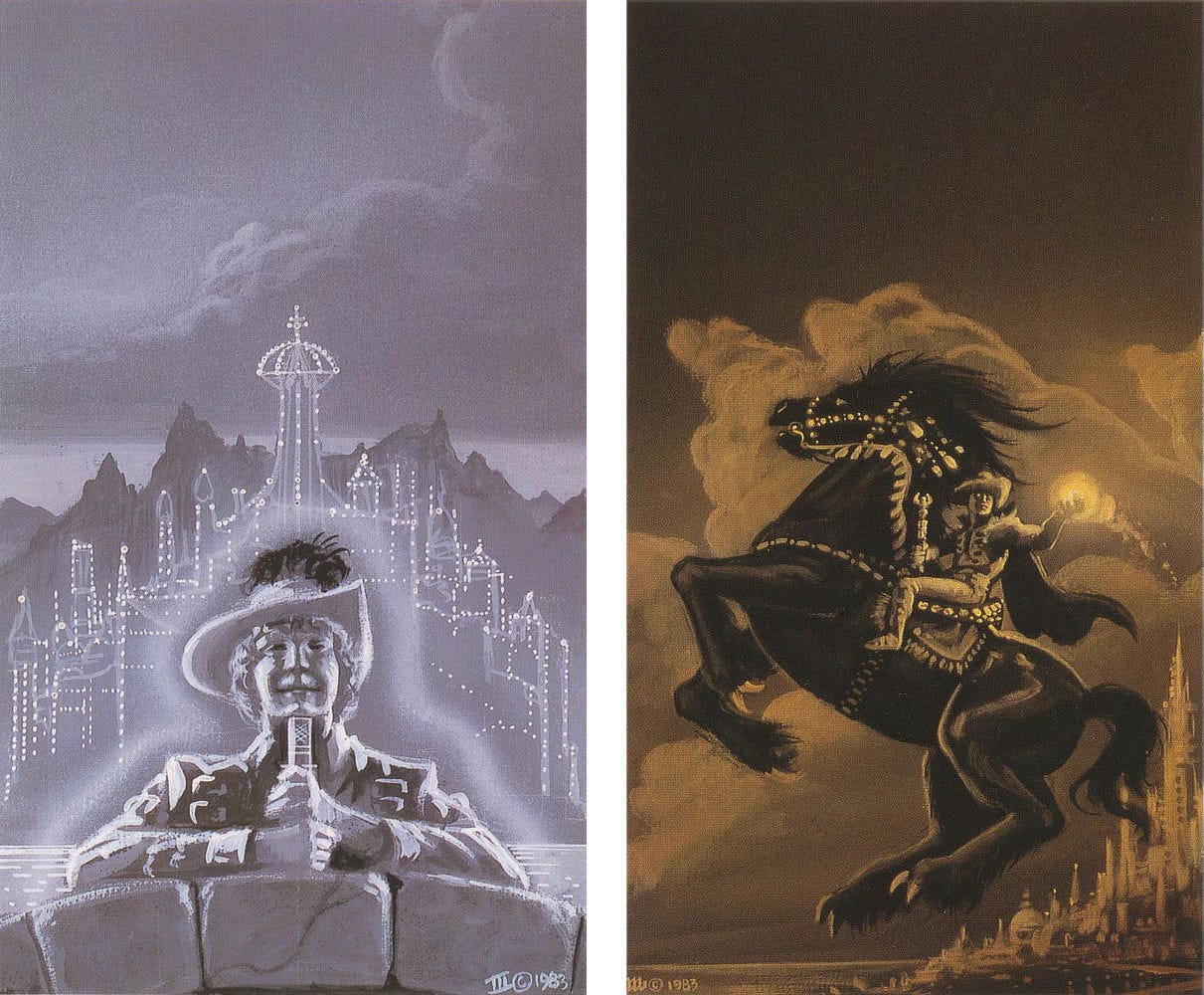 LEFT: Tonal preliminary concept in white and gray featuring a smiling man with a ghostly aura leaning against the stone railing of a curved bridge. He wears a feathered cap and appears to be propping his chin on a rod. The towers of the fantastical city behind him are roughly rendered lines with sharps white dots defining the structure, as if they were strung with lights. Behind, mountains rise to meet a cloudy sky.  RIGHT: Tonal preliminary concept in bronze and black that approximates the final cover for THE NONBORN KING. A man on an alien black war horse is caught mid-leap with a fantastical city in the low background. He holds a ball of fire in one hand and a short rod in the other.
