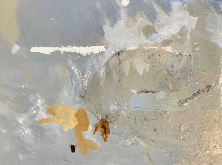 LEFT: Close detail from PRETTY PLEASE featuring a young girl with arms crossed as a monstrous furry creature with eager eyes presents a pair of daisies. Her eyes are pressed shut in silent refusal of the gesture. RIGHT: Photo of initial paint marks the inspired PRETTY PLEASE. The rough surface is gray and white except for blobs of yellow and brown that suggest a head. The sweeping yellow of the head developed into a sweeping headpiece instead of hair.