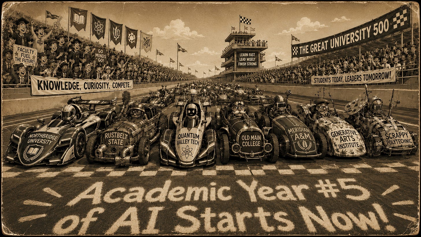 A wide sepia-toned editorial cartoon shows a packed university-themed racetrack with race cars lined across the starting line. The cars range from sleek futuristic designs to patched-together rust buckets, labeled with fictional schools including Northbridge University, Rustbelt State, Quantum Valley Tech, Old Main College, Meridian A&M, Generative Arts Institute, and Scrappy Polytechnic. Grandstands filled with cheering faculty and students surround the track, with banners reading “The Great University 500,” “Knowledge, Curiosity, Compete,” and “Students Today, Leaders Tomorrow!”